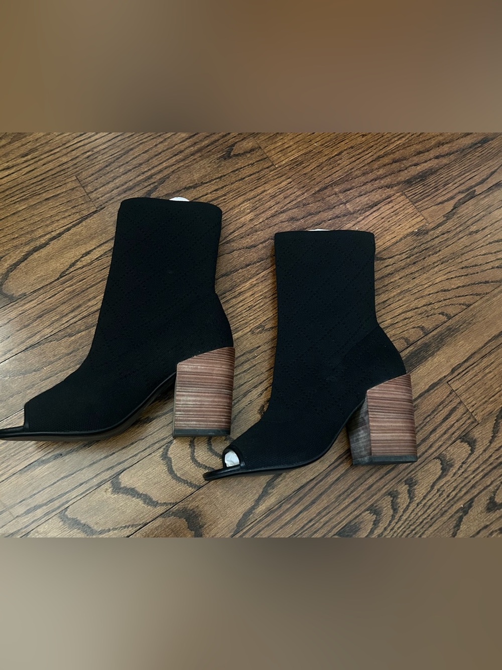 Kelsi Dagger Black Knit Peep-Toe Block Heel Booties with Wood-Effect Heel